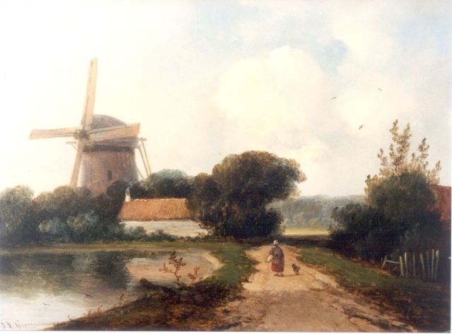 Hoppenbrouwers J.F.  | A summer landscape with a windmill along a waterway, oil on panel 24.0 x 27.9 cm, signed l.l.