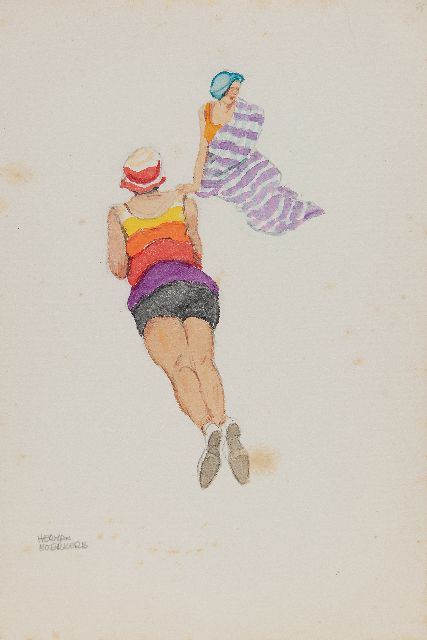 Moerkerk H.A.J.M.  | Two young ladies on the beach of Zandvoort, pencil and watercolour on paper 25.5 x 17.1 cm, signed l.l.