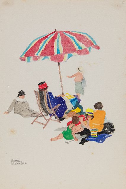 Moerkerk H.A.J.M.  | Under mother's parasol at Zandvoort, pencil and watercolour on paper 25.5 x 17.1 cm, signed l.l.