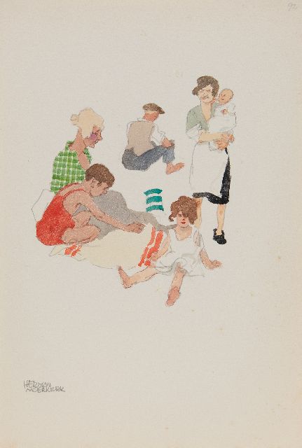 Moerkerk H.A.J.M.  | All together to the beach, pencil and watercolour on paper 25.5 x 17.1 cm, signed l.l.