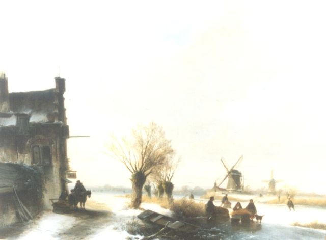 Hoppenbrouwers J.F.  | A winter landscape with skaters on the ice, oil on panel 51.3 x 68.3 cm, signed l.l.