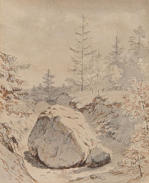 Koekkoek B.C.  | Hilly landscape with boulder, washed ink, brown ink and chalk on paper 26.1 x 21.3 cm, signed l.r. with initials