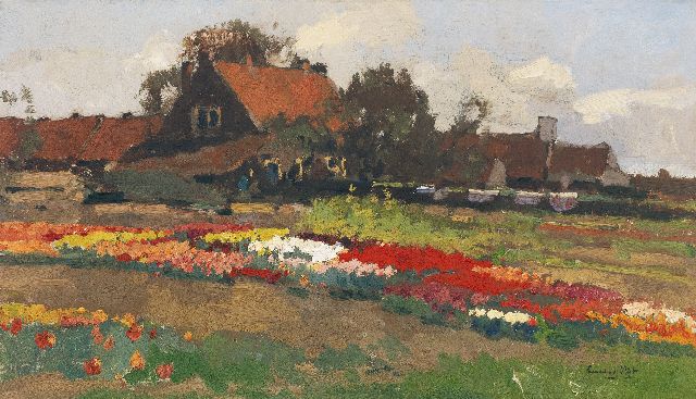 Vlist L. van der | Farm with tulipfields, oil on canvas 36.1 x 60.9 cm, signed l.r.