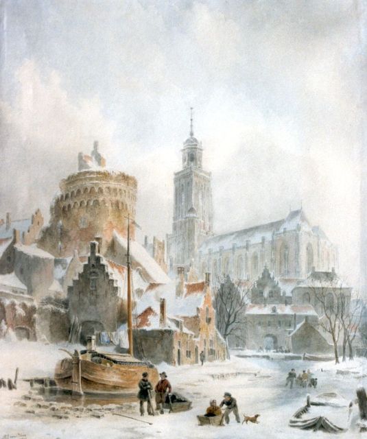 Hove B.J. van | A view of the city gate and church of Deventer, watercolour on paper 47.0 x 40.0 cm, signed l.l. and dated 1845