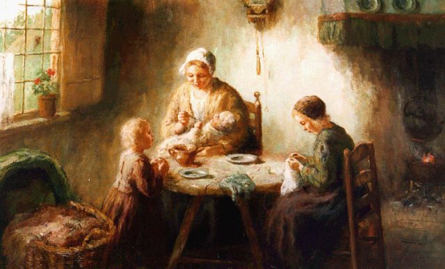 Bouter C.W.  | Feeding the baby, oil on canvas 51.0 x 71.2 cm, signed l.r.