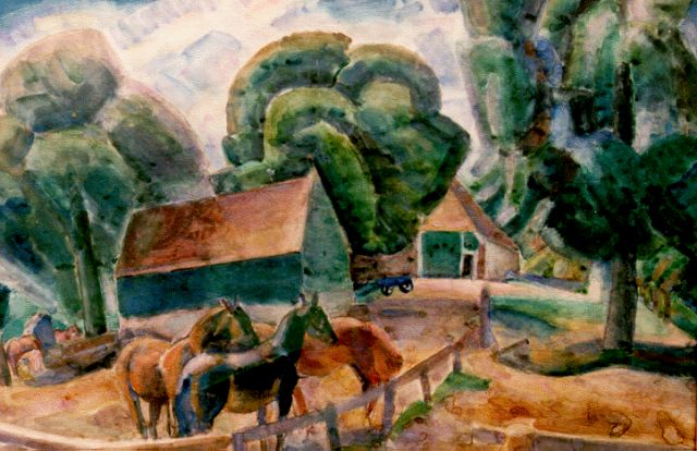 Gestel L.  | Horses by a farm, watercolour on paper 70.0 x 95.5 cm, signed l.r. and dated 1922
