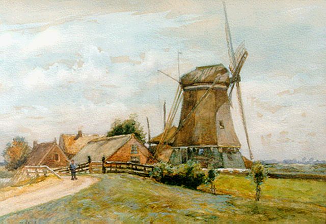 Koekkoek G.J.  | A windmill in a polder landscape, watercolour on paper 34.0 x 48.0 cm, signed l.l. and dated 1901