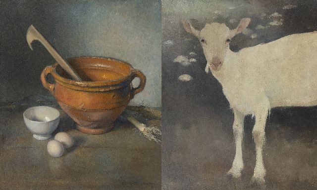 Hoboken J. van | A young goat; A still life with an earthenware bowl, oil on panel 50.2 x 42.7 cm, signed l.r. and dated '42