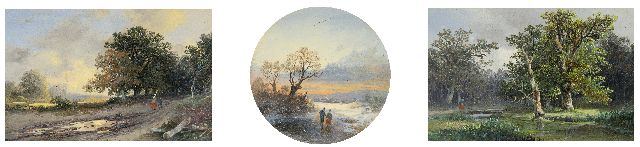 Haanen R.A.  | Three landscapes: Summer landscape - Figures on the ice - Wooded landscape, oil on tin 8.0 x 12.3 cm, signed l.r. (2) and l.l. (1) with monogram
