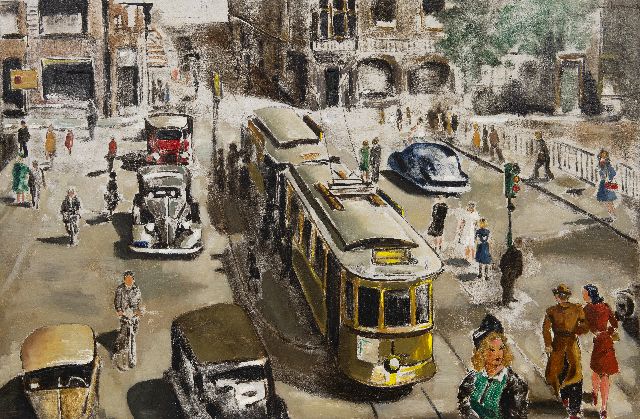 Ierssel P.H.C. van | A busy Leidsestraat in Amsterdam, oil on panel 72.3 x 109.4 cm, signed u.r. and dated '47