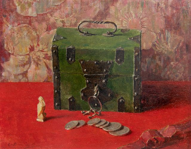 Dam van Isselt L. van | Still life with a green money box, oil on panel 31.1 x 39.5 cm, signed l.l.