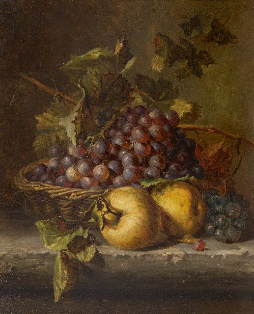 Haanen A.J.  | Stilleven met druiven in een rieten mandje, olieverf op paneel 44,0 x 35,7 cm, gesigneerd r.o. vaag en zonder lijst