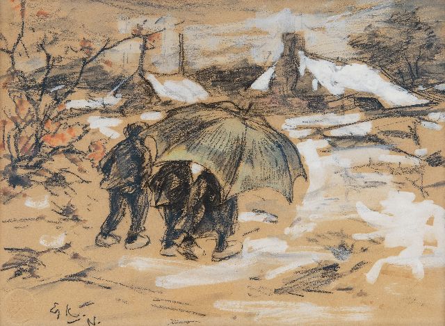 Koning E.W.  | Peasant children under an umbrella, crayon and watercolour on paper 17.8 x 24.2 cm, signed l.l. with initials
