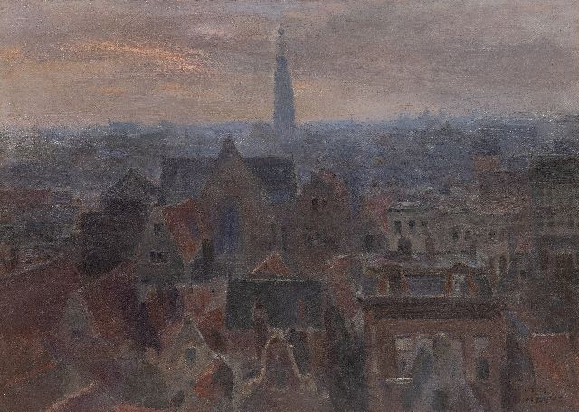 Anton Mauve jr. | Uitzicht over Amsterdamse daken en de Westertoren, olieverf op doek, 35,9 x 49,6 cm, gesigneerd met r.o. stempel 'Atelier A.R. Mauve' en zonder lijst