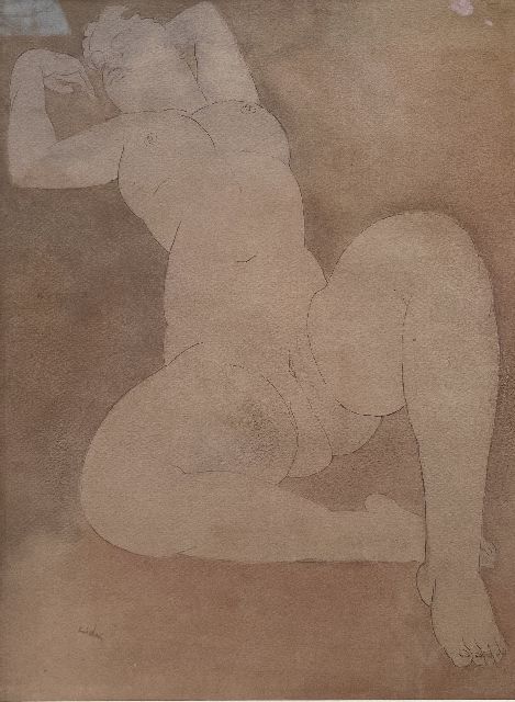 Kelder A.B.  | Reclining female nude, pen, ink, chalk and watercolour on paper 33.7 x 25.2 cm, signed l.l.