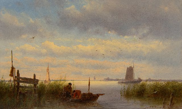 Jan H.B. Koekkoek | A river view with two fishermen bringing in their nets, oil on panel, 20.2 x 33.5 cm, signed l.r. and dated 1876