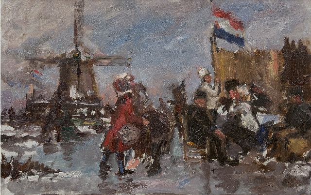 Roelofs O.W.A.  | Skaters in a Dutch winter landscape, oil on canvas 39.8 x 60.3 cm, painted 1899