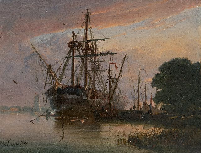 Schiedges P.P.  | Moored three-master at sunset, oil on panel 16.2 x 20.9 cm, signed l.l. and dated 1846