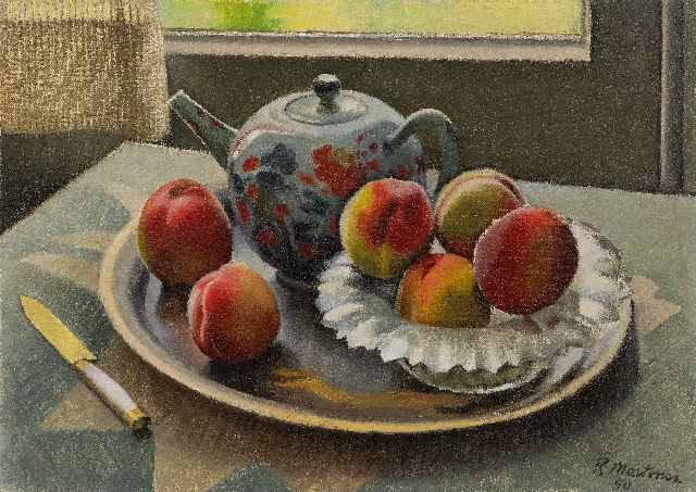 Raoul Martinez | Still life with teapot and peaches at a window, oil on canvas, 35.4 x 50.2 cm, signed l.r. and dated '50