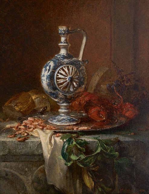 Vos M.  | Still life with earthenware jug, pewter bowl, lobster and shrimp, oil on canvas 84.4 x 67.3 cm, signed l.r. and dated 'Jan' 1868