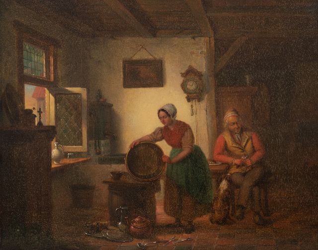 Antoon François Heijligers | Keukeninterieur met man en vrouw, olieverf op paneel, 43,9 x 55,0 cm, gesigneerd r.o. en gedateerd 1846, zonder lijst