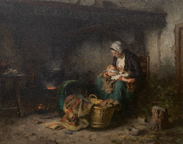 Johannes Weiland | Farmhouse interior with mother and child, oil on canvas, 65.3 x 81.2 cm, signed l.l. and dated '96