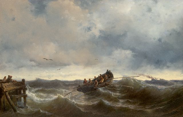 Meijer J.H.L.  | Outgoing lifeboat, oil on panel 85.0 x 130.5 cm, signed l.r. and dated 1857