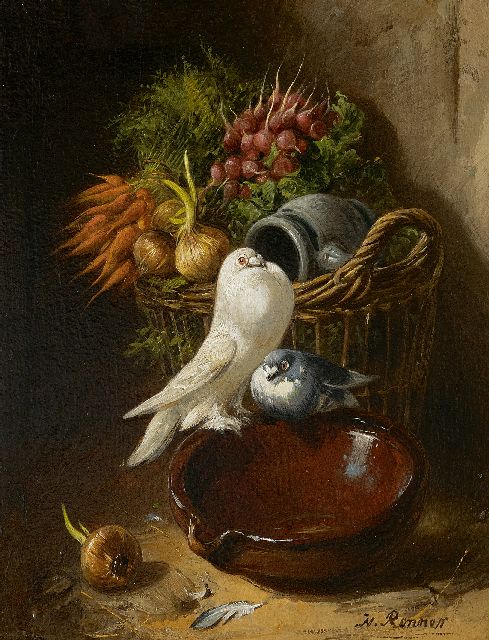 Henriette Ronner | Fancy pigeons with a basket of vegetables, oil on panel, 18.9 x 15.5 cm, signed l.r. and without frame