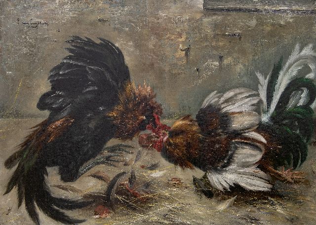 Engelen P. van | Fighting roosters, oil on canvas 77.6 x 107.8 cm, signed u.l. and without frame