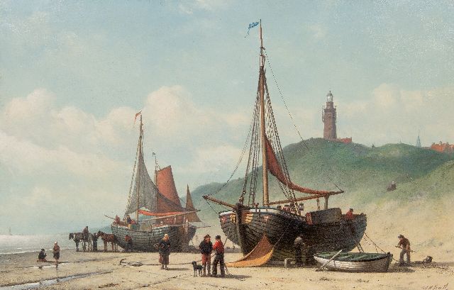 Johan Rust | Fishing boats on the beaach, oil on canvas, 65.0 x 100.3 cm, signed l.r. and without frame