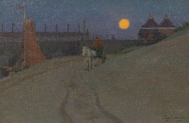 Farasijn E.  | The 'Watering' near Katwijk by moonlight, oil on canvas 35.2 x 53.2 cm, signed l.r.