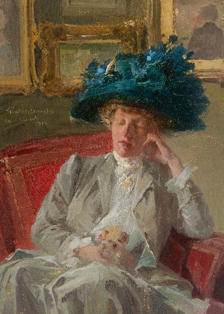 Livemont H.P.A.T.  | At the exhibition: lady with a blue hat and a dog, oil on board 33.1 x 24.0 cm, signed l.c. and dated  'le 1 Aout' 1908