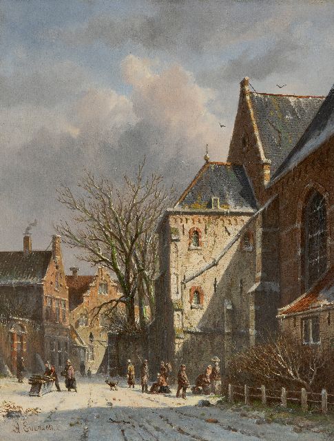 Adrianus Eversen | Snowy townscape with figures, oil on panel, 35.7 x 27.6 cm, signed l.l.