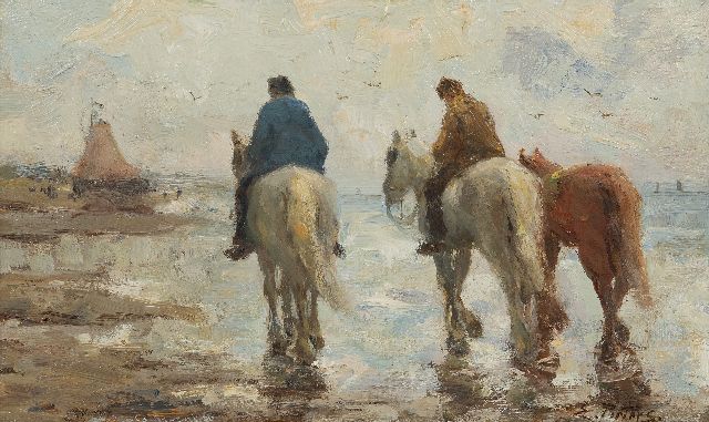 Pieters E.  | Beachscene with horses, Katwijk, oil on panel 24.0 x 39.0 cm, signed l.r.