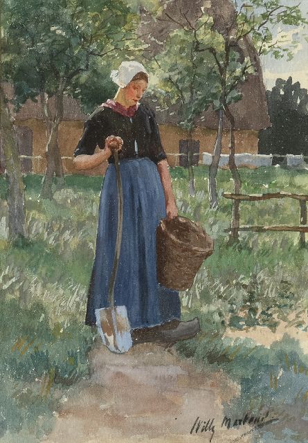 Martens W.  | Young peasant woman in a vegetable garden, watercolour on paper 18.5 x 13.5 cm, signed l.r.