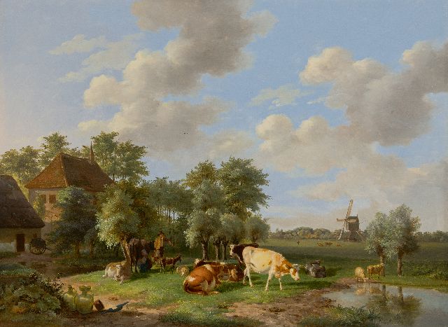 Lebret F.  | Milking time on the farm, oil on panel 52.3 x 70.8 cm, signed l.r. with initials