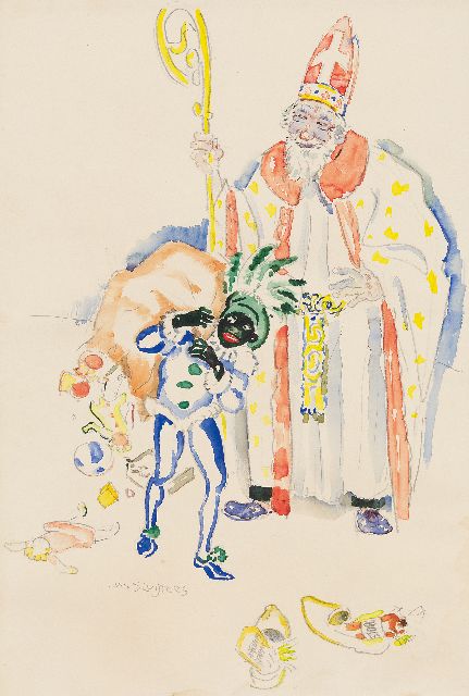 Jan Sluijters | St. Nicholas Eve, 1946 with chewing tobacco and Bols in the shoes, watercolour on paper, 47.5 x 32.2 cm, signed l.l. and executed 1946