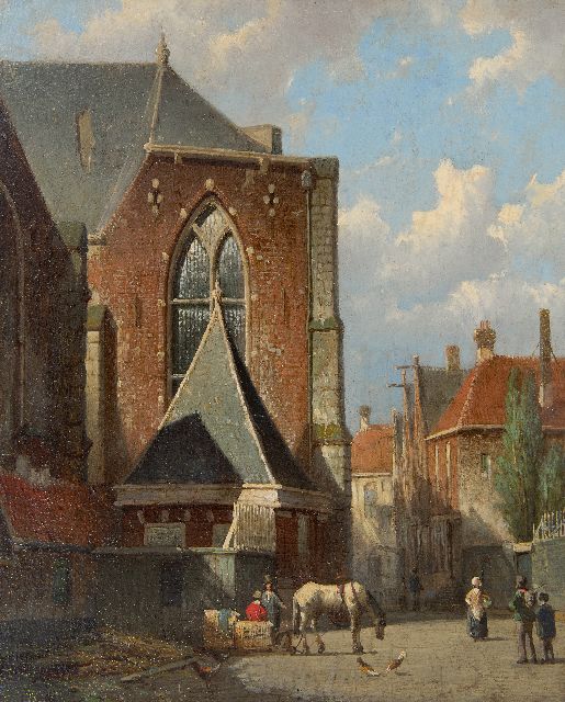 Koekkoek W.  | View of the Oude Kerk at the Oudekerksplein, Amsterdam, oil on panel 35.4 x 29.0 cm, painted ca. 1860-1862