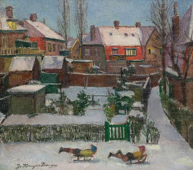 Kruyder-Bouman J.L.  | Sledding through town, oil on canvas 40.3 x 45.0 cm, signed l.l. and dated 1942