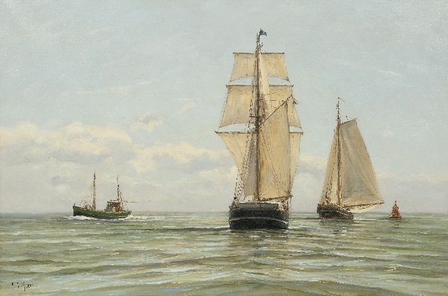 Goosen F.J.  | Sailing cargo ships and fishing cutter at sea, oil on canvas 60.3 x 90.0 cm, signed l.l.