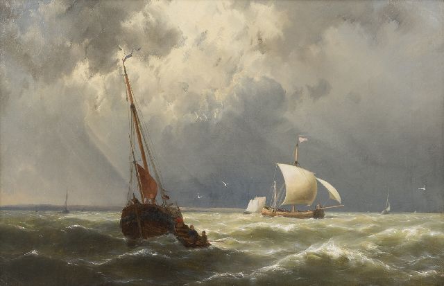 Koekkoek jr. H.  | Sailing vessels in choppy waters, oil on canvas 33.1 x 51.0 cm, signed l.l.
