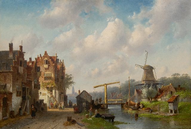 Leickert C.H.J.  | Dutch village with drawbridge, oil on canvas 77.9 x 114.4 cm, signed l.r. and dated '76