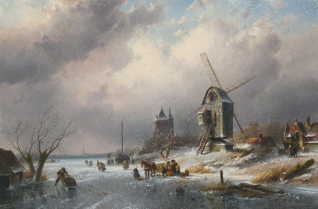 Leickert C.H.J.  | Winterlandscape with skaters and windmill, oil on canvas 77.8 x 115.1 cm, signed l.r.