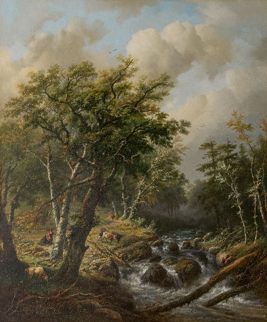 Bodeman/Verboeckhoven W./E.J.  | A wooded landscape with cows near a wild stream, oil on canvas 129.5 x 110.0 cm, signed l.r. by both artists and dated 1843