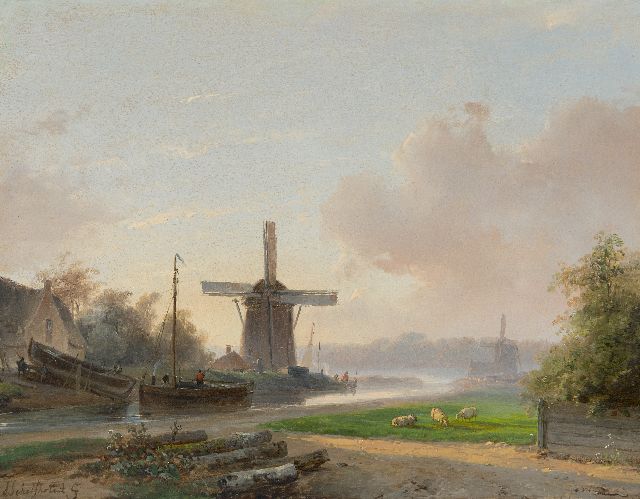 Andreas Schelfhout | Eearly morning at the shipyard (only together with winter pendant), oil on panel, 25.4 x 32.8 cm, signed l.l.
