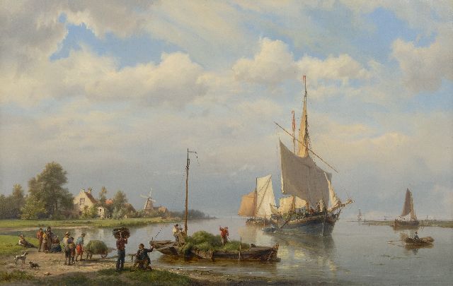 Koekkoek H.  | Sunny estuary with moored vessels and figures loading hay, oil on canvas 49.0 x 76.8 cm, signed l.c. and dated 1865