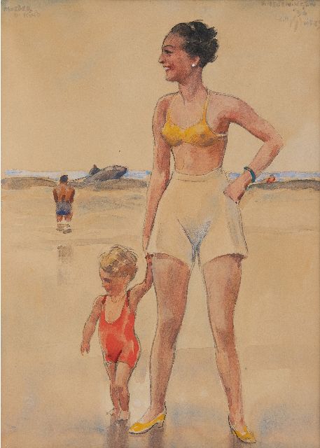Willy Sluiter | Moeder en kind aan zee, Scheveningen, krijt en aquarel op board, 49,0 x 35,7 cm, gesigneerd r.b. en gedateerd 'Scheveningen' '36  GERESERVEERD