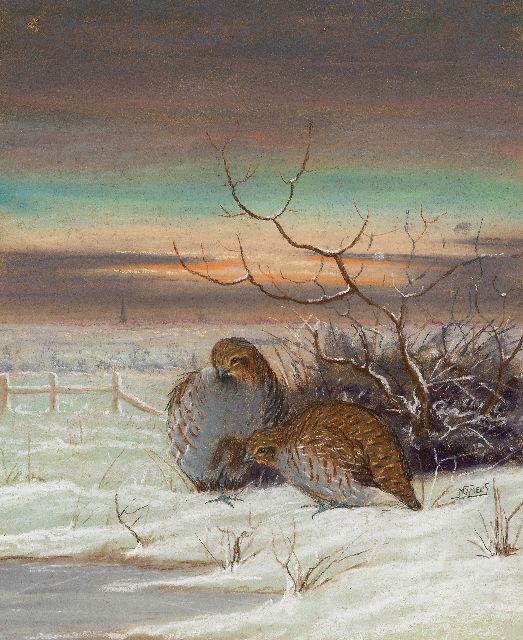 Melis N.J.  | Quail in a snowy landscape, chalk and watercolour on board 48.8 x 41.0 cm, signed c.r.
