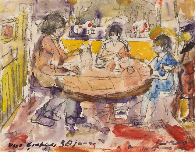 Verwey K.  | Godfried and Pietsie Bomans with their daughter at the table, chalk and watercolour on paper 24.0 x 30.5 cm, signed l.r. and painted ca. 1971