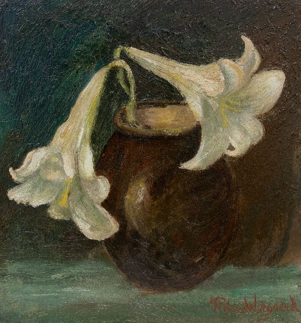 Wijngaerdt P.T. van | Lily branch in a vase, oil on panel 35.1 x 32.4 cm, signed l.r.